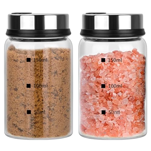 2 unidades de 150 ml frascos especiarias com tampa giratória e 4 tipos orifícios verter, frascos de armazenamento vidro borosilicato, saleiros pimenteiros frascos especiais sal relva, pimenta,