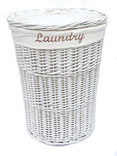 Image of Round Wicker Laundry Basket Lined Storage Washing Basket With Lid White Small 30 x 30 x 42.5 cm