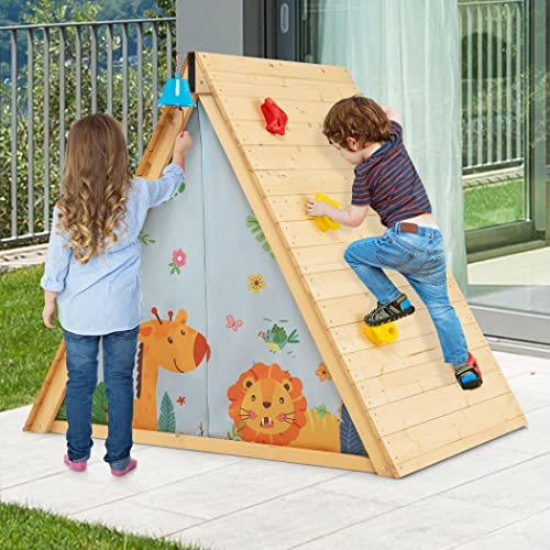 COSTWAY Kids Wooden Playhouse, 2-in-1 Children Climbing Frame with Front Bell, Window and Curtain, Toddler Activity Play Tent for Indoor Outdoor - Image 9