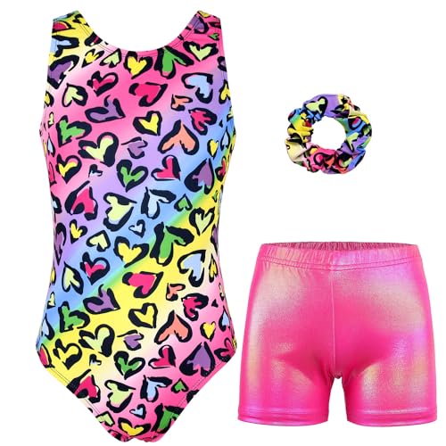 JESKIDS Gymnastics Leotards for Girls Dance Unitards Biketards Matching Shorts Activewear Suits for Girls 4-13 Years Rainbow Heart 8-9 Years