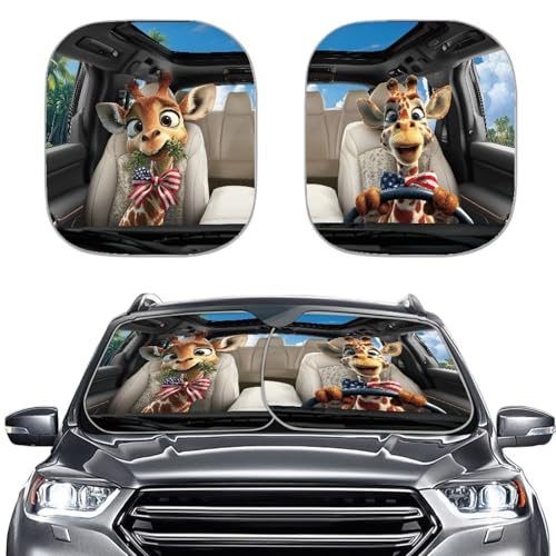 Image of Car Front Windshield Sun Shade Giraffe Driving 2 PCS Windshield Cover Foldable Automotive Interior Accessories for Sun Protection Heat Reflector-Keep Your Vehicle Cool