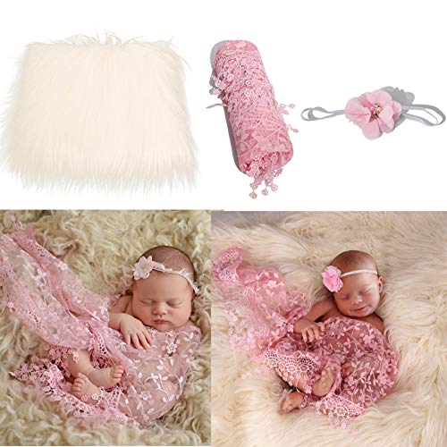 Image of 3Pcs Newborn Photography Prop,Baby Photography Props Set,Fluffy Blanket + Wrap + Headband Set Comfortable Newborn Photography Wrap Mat Backdrops Rug for Boys Girls DIY Photography Outfits (Pink)