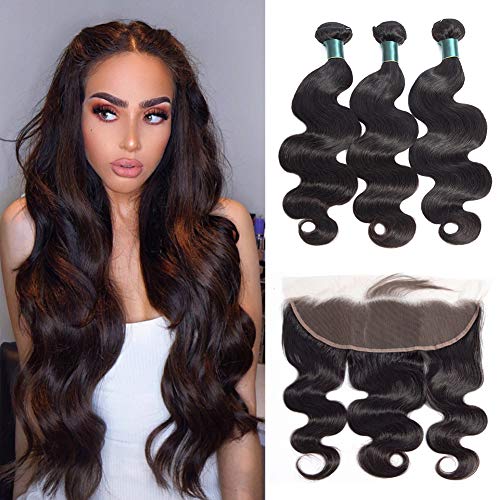 Brazilian Virgin Hair Body Wave 3 Bundles With Lace Frontal 13x4 Ear to Ear Frontal Closure With Baby Hair and Body Wave Human Hair Bundles with Closure 100% Unprocessed Brazilian Hair (14 16 18+12)