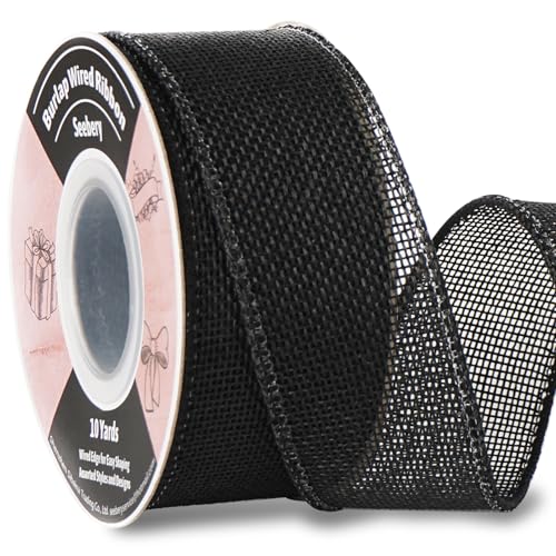 Burlap Wired Ribbon 1-1/2 Inch x 10 Yards Solid Wired Edge Ribbon for Big Bows, Wreaths, Outdoor Decoration, Gift Wrapping, Fall Crafts, Flower Bouquets, Garland (Black)
