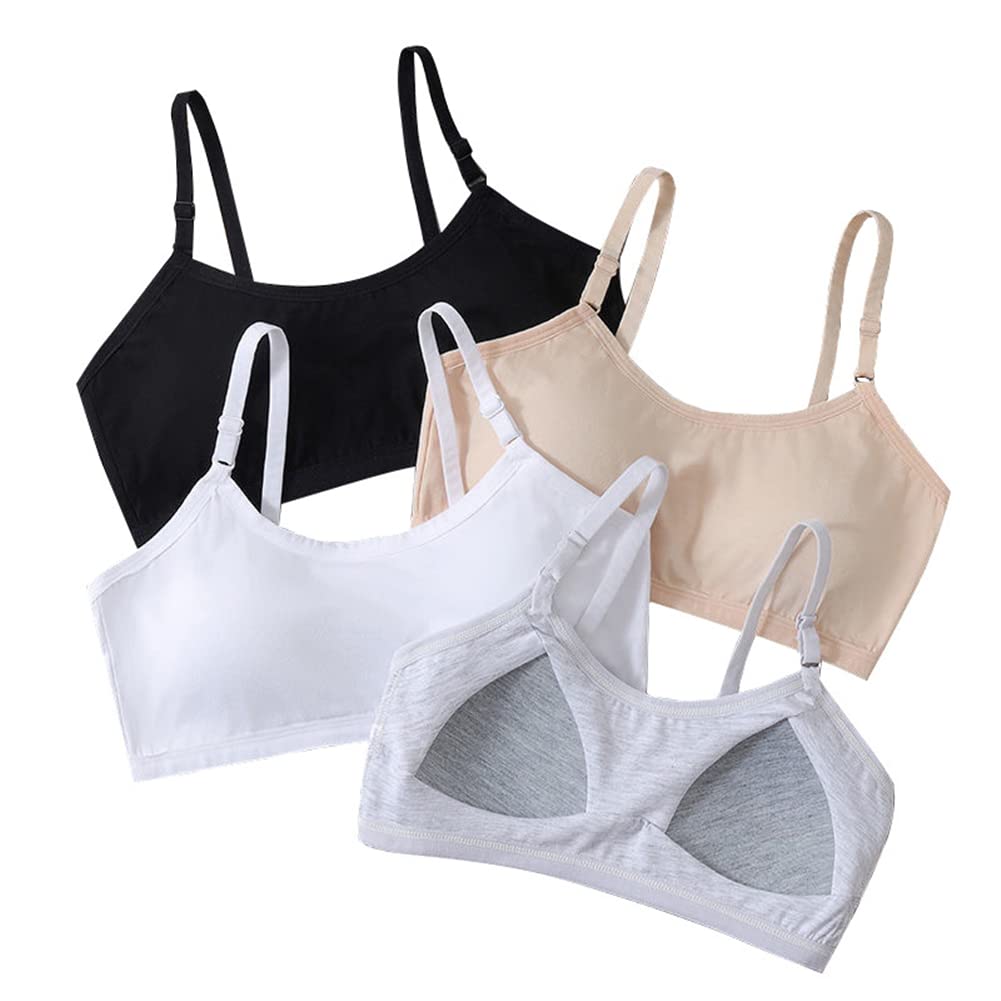 Teen Girls' Training Bra Seamless Cotton Cami Wireless Bras Elastic Thin Shoulder Straps, Pure Color 4 Pack, 9-12 Years