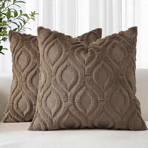 Image of decorUhome Fall Throw Pillow Covers 20x20 Inch Set of 2, Soft Plush Faux Wool Brown Solid Couch Pillow Covers, Accent Farmhouse Neutral Square Pillow Cases for Sofa Bed Living Room
