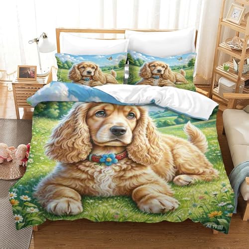 Housse de couette Cocker Spaniel 3D microfibre douce zippée anti-froissage pour lit double - 3