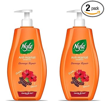 Nyle Naturals Damage Repair Anti Hairfall Shampoo, With Shikakai And Hibiscus,Gentle and soft shampoo, PH balanced and Paraben free, For Men and Women, 400ml x Pack of 2