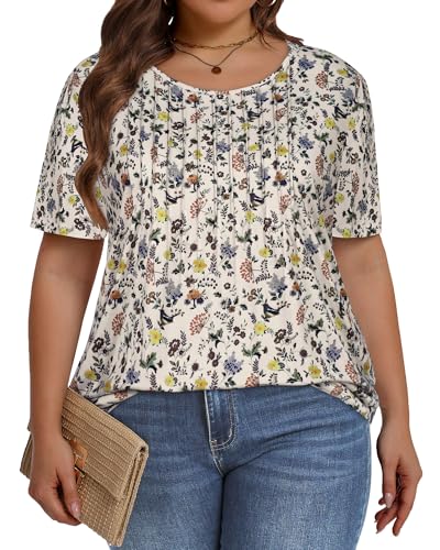 Image of Plus Size Tops for Women Pleated Summer Top Trendy Short Sleeve Shirts Casual Basic Tee Crew Neck Blouses 2026