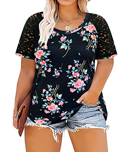 Image of CARCOS Plus Size Tops for Women Short Sleeve Raglan Striped Tee Color Block Crewneck /V Neck Tunic Loose Fit Summer XL-5XL