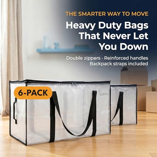 Image of ClearSpace Oversized Moving Bags or Storage Bag - Large Moving Boxes with Backpack Straps, Zippers & Handles - Heavy-Duty Packing Bags for Moving, College Dorm, Christmas Decorations, 6 Pack