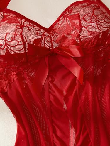 Image of Foxiny Sexy Halter Open Front Ruffle Sheer Mesh Lace Babydoll Lingerie Dress with Thong 2 Piece