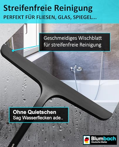 BLUMBACH® Duschabzieher schwarz, Abzieher Dusche mit Halterung 28 cm breit, Fensterabzieher Silikon Abzieher mit Edelstahl Kern, Duschwand Abzieher, Flitsche Dusche, Glasabzieher