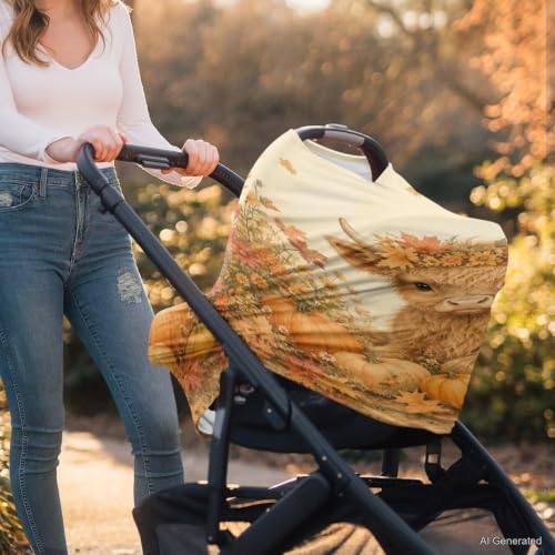 Image of Wanyint Baby Car Seat Cover Carseat Canopy for Boys Girls, Multi-Use Nursing Breastfeeding Cover Nursing Scarf for Breastfeeding Mothers Fall Decor, Highland Cow Pumpkin Maple