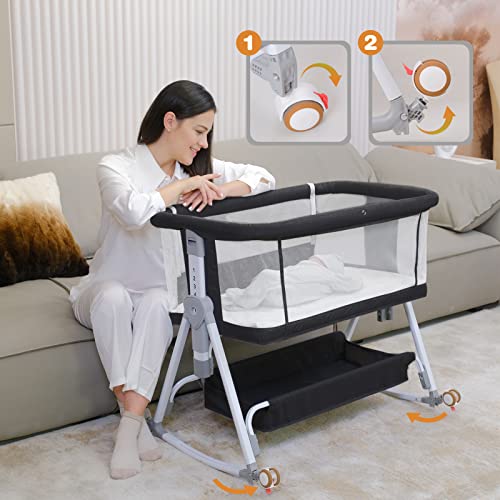 Baby Bassinet Bedside Sleeper For Baby With Wheels And Storage Barket ,All Mesh Portable Bedside Bassinet Co Sleeper For Newborn /Infant,7 Height Adjustable Easy To Assemble Bedside Crib（3 In 1，Black） #TOP3
