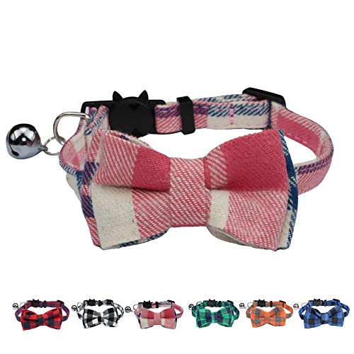 WDPAWS Cat Collar Breakaway with Bell and Bow Tie Safety Buckle Plaid Pattern Adjustable 7-11 inches for Kitten Cats (Pink)
