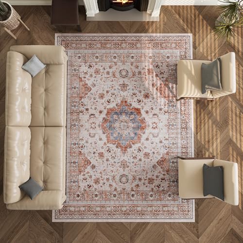 Vintage 8x10 Washable Area Rug, Low-Profile Large Area Rug with Non-Slip Backing & Durable Edge Binding, Pet-Friendly Carpet, Large Rug for Living Room, Bedroom, Dinning Room