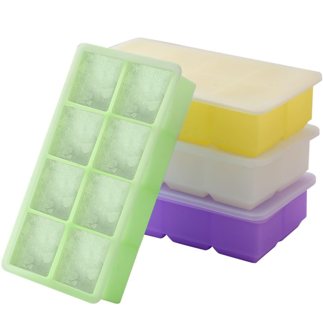 Lot de 4 grands bacs à glaçons, moules carrés en silicone empilables avec couvercles amovibles, démoulage facile, pour whisky, cocktails, vodka, tequila, desserts glacés et soupes