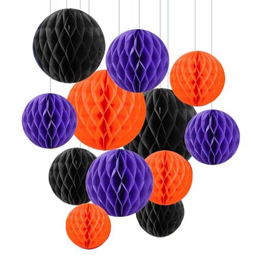 Image of ZOOYOO 12Pcs 6 inch 10 inch Honeycomb Balls Decorations Hanging Tissue Paper Pom Poms for Halloween Graduations Birthday Wedding Fall Party Decorations(Orange Purple Black)