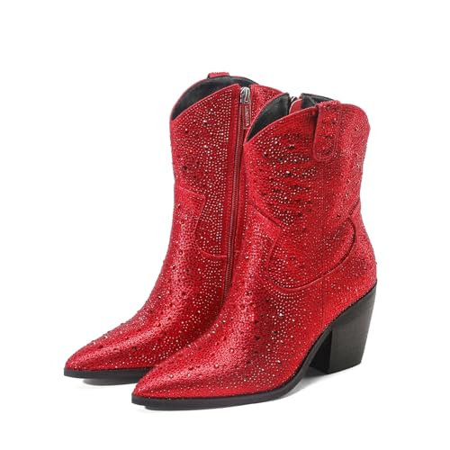 Women's Western Rheinstone Cowboy Boots Block Heel Pointed Toe Flash Ankle Boots for Outdoor Party Side Zip Comfort Booties3