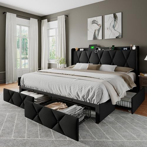 Amazon.com: Einhomn Upholstered King Size Bed Frame with 4 Storage ...