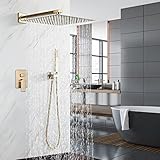Duschsystem Unterputz Duscharmatur Set Gebürstetes Gold JUNSOTTOR 12 Zoll Regendusche Duschset mit Kopfbrause Handbrause 2 Funktionen Messing für Badewannen…