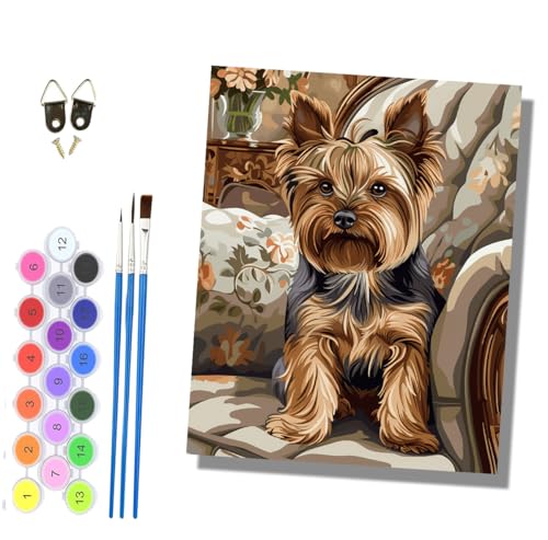 HONGPZH Pintar por Numeros Adultos Pintura por Números Kit de Pintura al óleo de Lienzo para con Pinceles Pigmento Acrílico 40 x 50cm (Sin Marco) Yorkshire Terrier