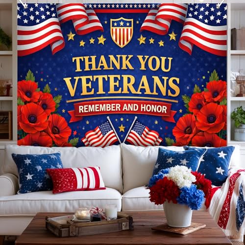 Image of BlissYard Thank You Veterans Backdrop Veterans Day Military Appreciation Banner Patriotic Tribute Decorations 8x6ft Remember and Honor Decor 4th of July Independence Day Patriotic Celebration