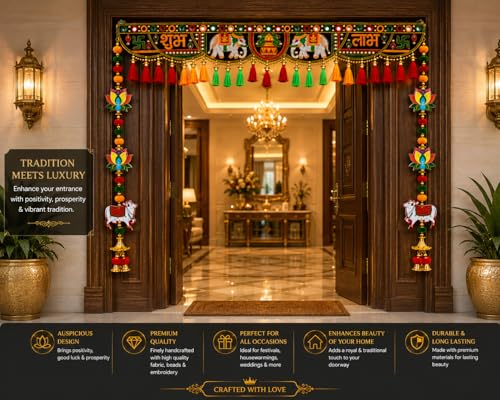 Image of Toran for Main Door Entrance | Traditional Handmade Door Hanging Garland for Decoration Bandhanwar for Main Door,Size 37 Inch (Elephant Toran with Cow Latkan)