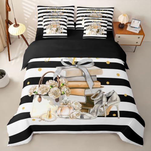 Loussiesd Juego de funda de edredón tamaño Super King con sábanas para niños y niñas, 7 piezas, color blanco, negro y dorado, ropa de cama perfumada en una bolsa, zapatos de tacón alto, decoración de