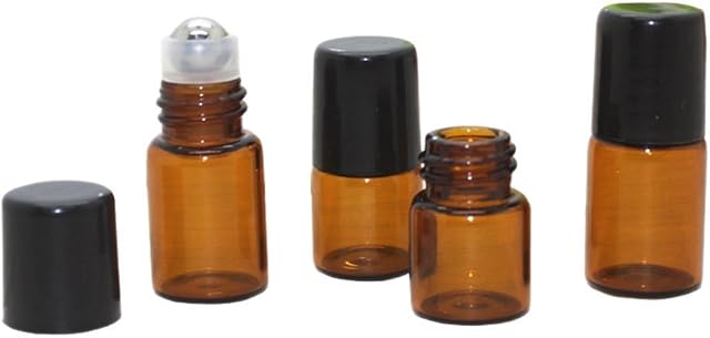 HugeStore 25 Pcs Mini Tiny Refillable Empty Essential Oil Glass Roller Bottles Aromatherapy Liquid Amber Glass Rollerball Bottles 2ml