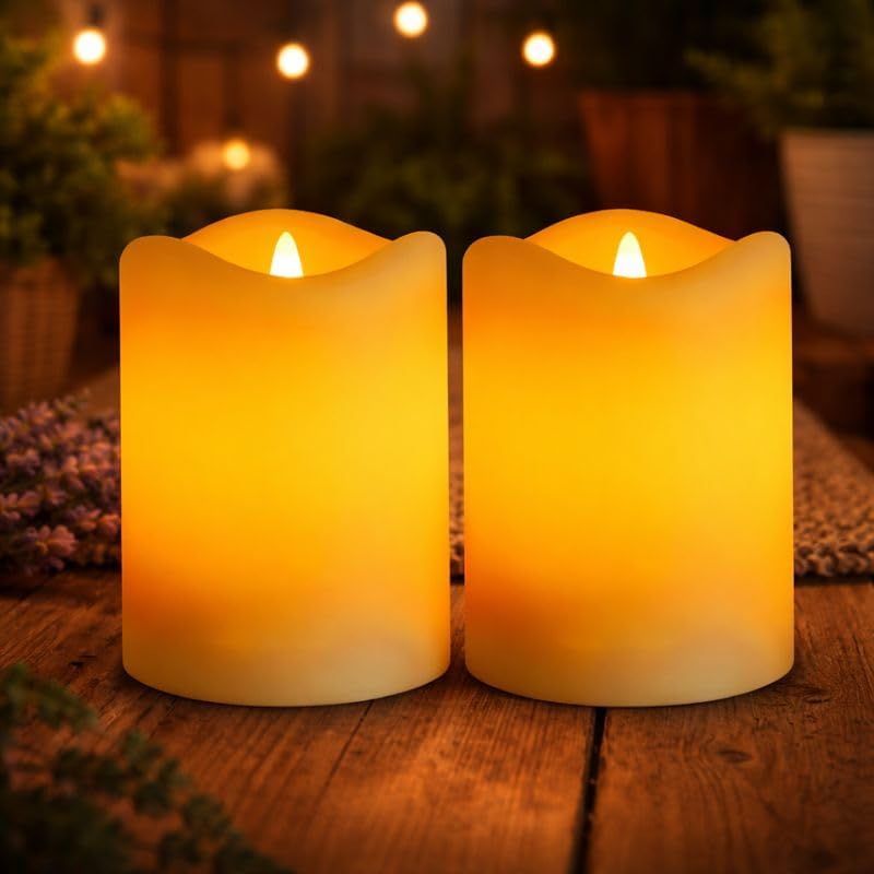Solar Candles Outdoor Waterproof, 2 Pack Solar Flameless LED Rechargeable Candles with Flickering Glow, Dusk to Dawn Auto On/Off, Replaceable Battery, Lantern & Garden Decor, Holiday Gifts (3" x 4")