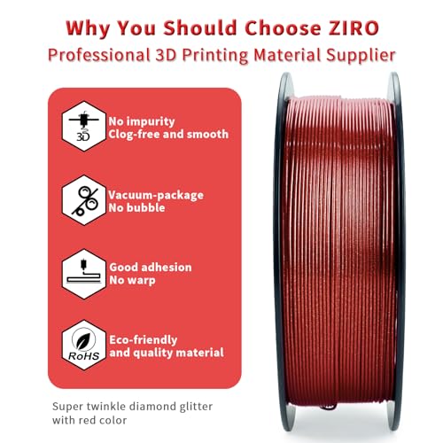 Image of ZIRO 3D Printer Filament, 1.75mm Shiny Sparkle PLA with Glitter, Diamond Series Filament, Twinkling PLA 1kg /2.2lbs Spool, Colorful Material, Dimaond Red
