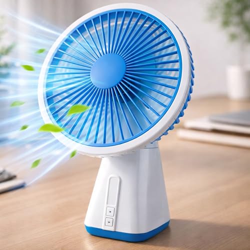 Image of REXERA ๐ inch ๐๐ง๐๐ก Rechargeable Desktop Mini ๐๐ฌ๐๐ข๐ฅ๐ฅ๐๐ญ๐ข๐ง๐ ๐
๐๐ง with ๐๐๐ Lighting | High Speed Rechargeable Table Fan for Home | ๐ ๐๐ฉ๐๐๐ Modes Portable fan for Kitchen Home (Blue)