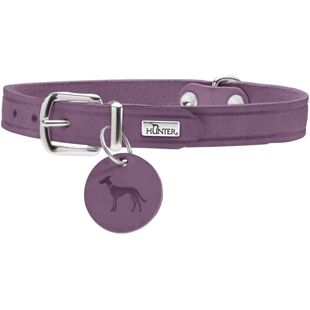 HUNTER Aalborg Dog Collar, Colour: Purple, Robust and Durable Leather, Strong Greasing, Ideal for Dog Sports and Everyday Life, with Leather Pendant, Made in Germany, Size: 42