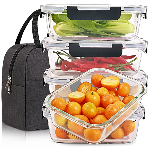 DAS TRUST [5-Packs, 36 Oz Glass Meal Prep Containers with Snap Locking Lids Glass Food Containers,Airtight Lunch Container,Microwave, Oven, Freezer and Dishwasher (4.5 Cup, Black)