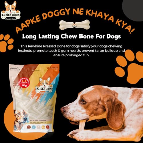 Image of Excite Bites Dog Rawhide Pressed Bones Mega Pack (Dog Chews) (Size 6 inch) (1 Kg Pack), All Life Stages