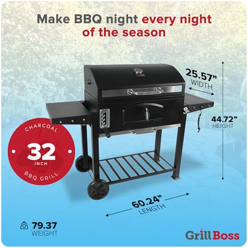 Image of Grill Boss Charcoal Grill with Large 32-Inch Cooking Area - Includes Warming Rack, Side Shelves, Bottom Storage and Wheels for Outdoor BBQ, Tailgating, Camping & Backyard Grilling