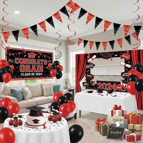 Image of 130FT Red Black Triangle Pennant Banner Flag Metallic Fabric Bunting Garland for Christmas Graduation Bachelorette Anniversary Birthday Engagement Wedding Anniversary Casino Party Decorations Supplies