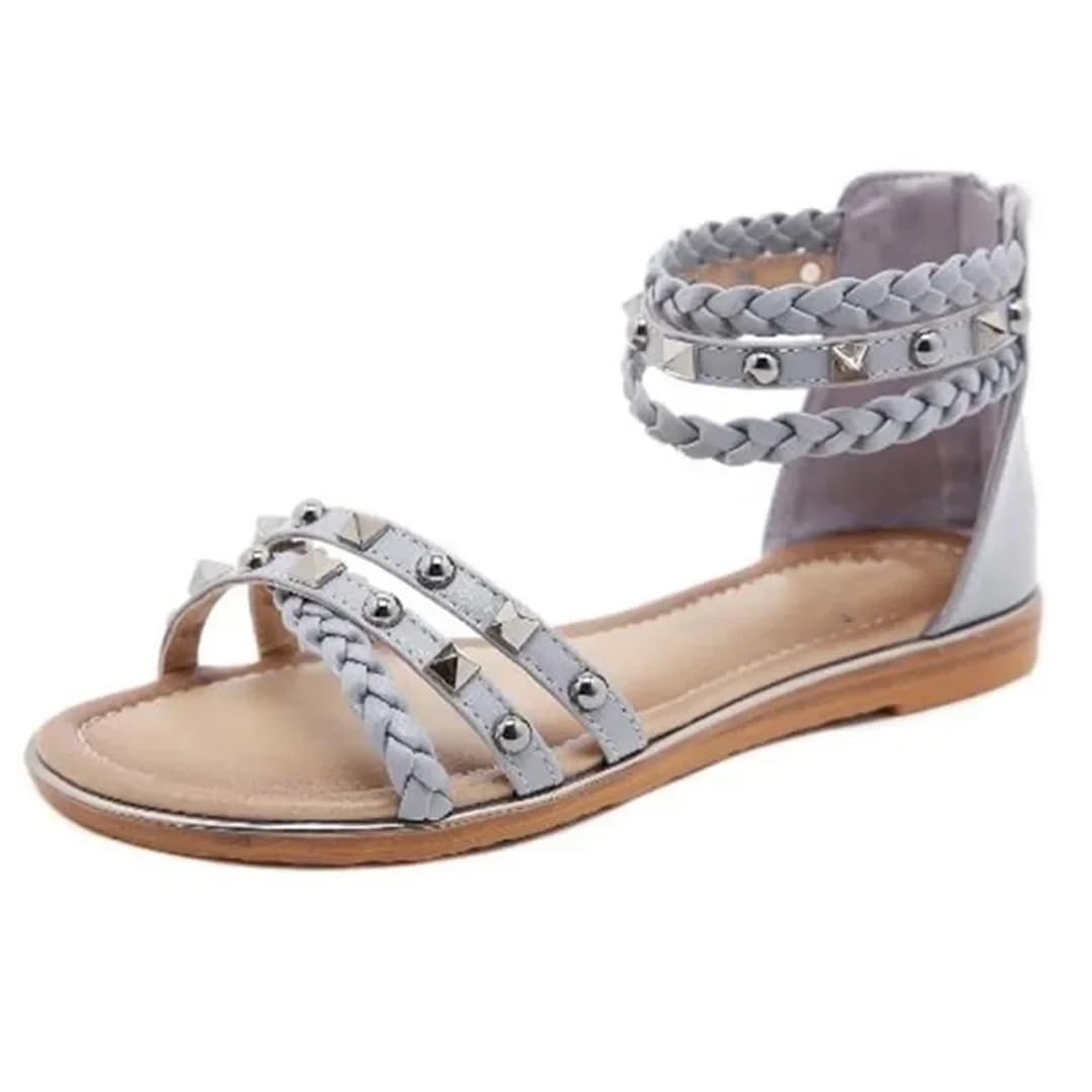 Sandalias étnicas con banda elástica para mujer, con correa de tobillo, tacón plano, con parte lateral abierta, estilo étnico, con remache superior, tejidas, retro, romanas, informales, de verano