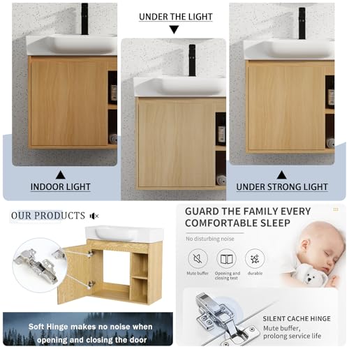 Image of 24 inch Bathroom Vanity with Ceramic Sink, Modern Wall-Mounted Bathroom Vanity with Soft-Close Door & 2 Open Storage Shelves, Farmhouse, Undermount Storage Cabinet, Easy to Clean, Light Oak