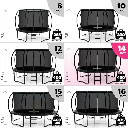 Image of JoyBerri Upsurge Trampoline Outdoor - ASTM Certified Safe 8Ft 10Ft 12Ft 14Ft 15Ft 16Ft Recreational Trampoline for Kids and Adults. Anti-Rust Coating with Enclosure Net, Ladder, Sprinkler & LED Lights