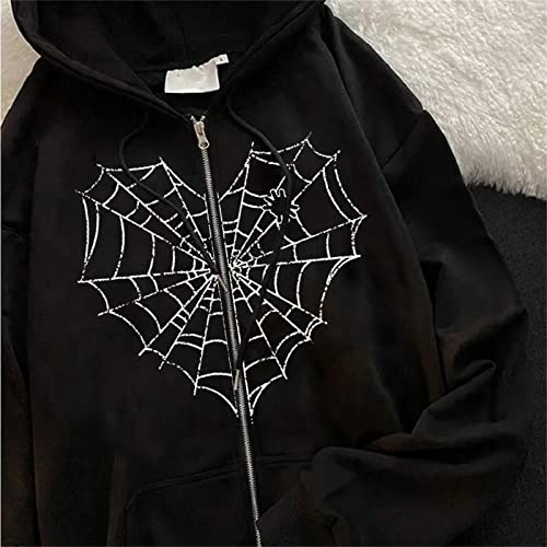 Aobiono Women Men Y2K Zip Up Oversized Hoodie Gothic Spider Web Heart Emo Grunge Alt Graphic Baggy Fleece Jacket Vintage 90s2