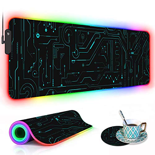 RGB Gaming Mouse Pad with Coffee Coaster, XXL Large Glowing LED Mousepad, Anti-Slip Rubber Base, Computer Keyboard Desk Mouse Mat 31.5 X 11.8 Inch - Circuit Board Pattern
