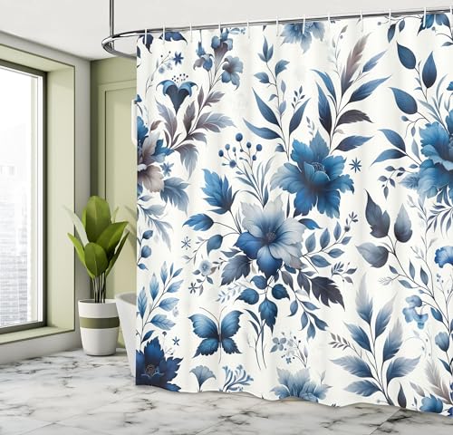 Ambesonne Blue Shower Curtain, Watercolor Flowers Berry Branches Leaves Folk Inspired Floral Motifs, Cloth Fabric Bathroom Decor Set with Hooks, 69" W x 70" L, Blue Grey and Dark Turquoise - Image 2