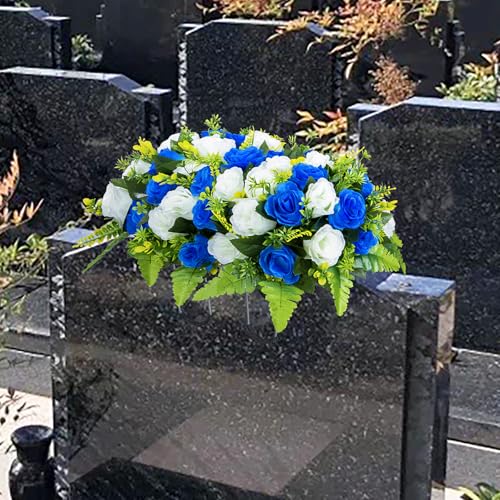 Artificial Headstone Flower Saddle, Cemetery Flowers for Graveside, Memorial Grave Flowers for Cemetery Tombstone Headstone Decoration (Blue with White) image 8