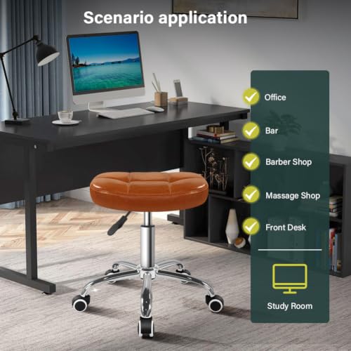 Image of BFTOU 6-Square Lattice PU Swivel Stool with Wheel for Work SPA Shop Massage Height-Adjustable and Cost-Effective Rolling Stool Chair (Brown)