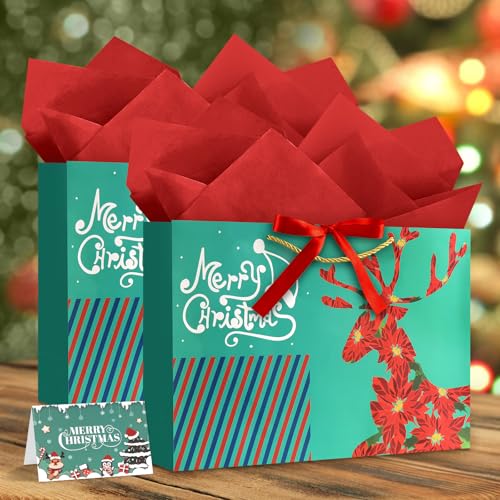 Image of JMANNI Christmas Gift Bags,1PCS Large christmas Gift Bag with Ribbon and 1 Greeting Card 2 Tissue Papers, Portable Paper Gift Bag with Handles, Reusable and Perfect For Your Xmas Presents （Green）