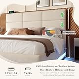 Polsterbett Doppelbett 180x200, LED Jugendbett Hydraulisches Stauraumbett mit Stauraum&USB Ladefunktion, Funktionsbett Bettgestell mit Höhenverstellbarem Kopfteil&Lattenrost, Samt, Ohne Matratze,Beige