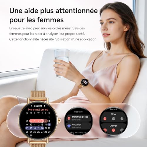 Gydom Montre Connectée Femme Ronde Bracelet Metal Appel Bluetooth, 1.27" Élégante Smartwatch Moniteur de SpO2/Sommeil/Podometre/Calories, IP68 Waterproof, 120+ Sport Modes pour Samsung iPhone Android – vue 4